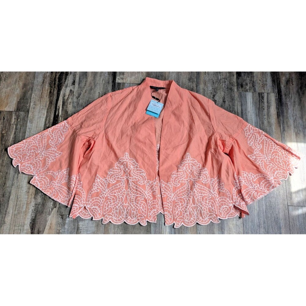 NWT Ming Wang Embroidered Cotton Linen Size XL Coral Open-Front Capelet Jacket